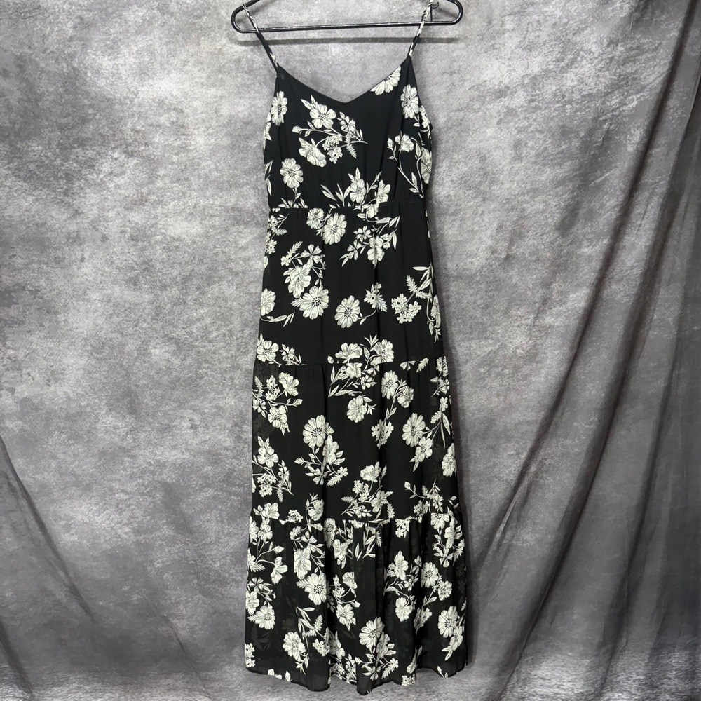 J Crew Mercantile Tiered Maxi Dress Size 2 Black White Floral Boho Peasant
